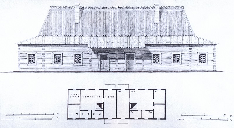 Графическая реконструкция брусяного дома. План и фасад. В. И. Кочедамов